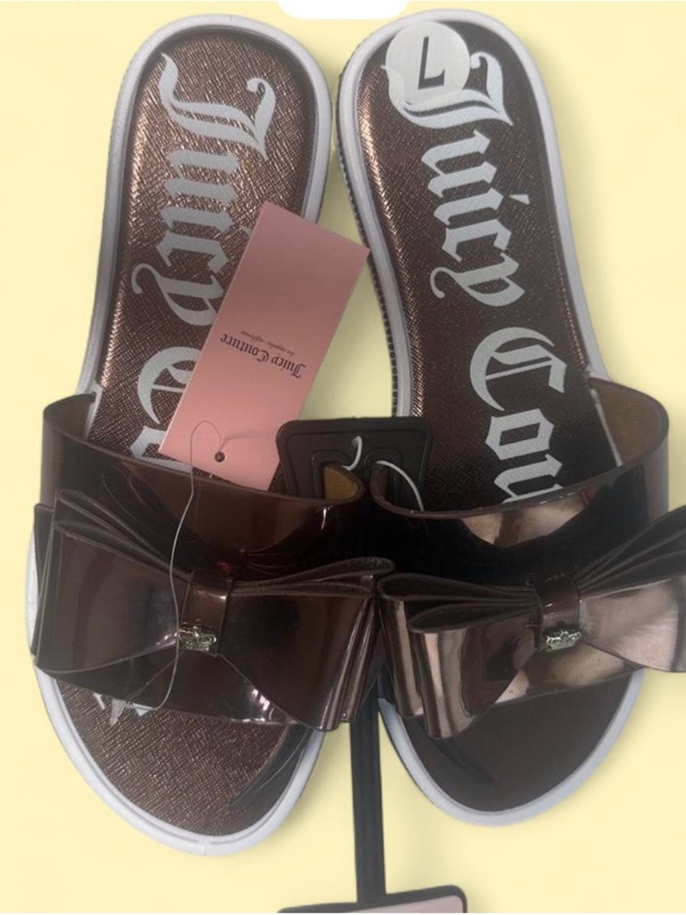 Juicy Couture Metallic Chocolate Cocoa Slides with Shiny Patent Bow